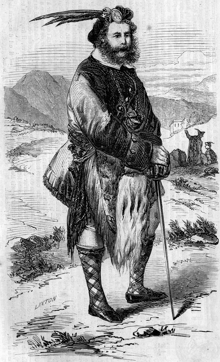 Ritratto di Roualeyn George Gordon Cumming (1820-1866), viaggiatore e cacciatore di leoni scozzese. Incisione di Linton in "Il Mondo Illustre" n.56 dell