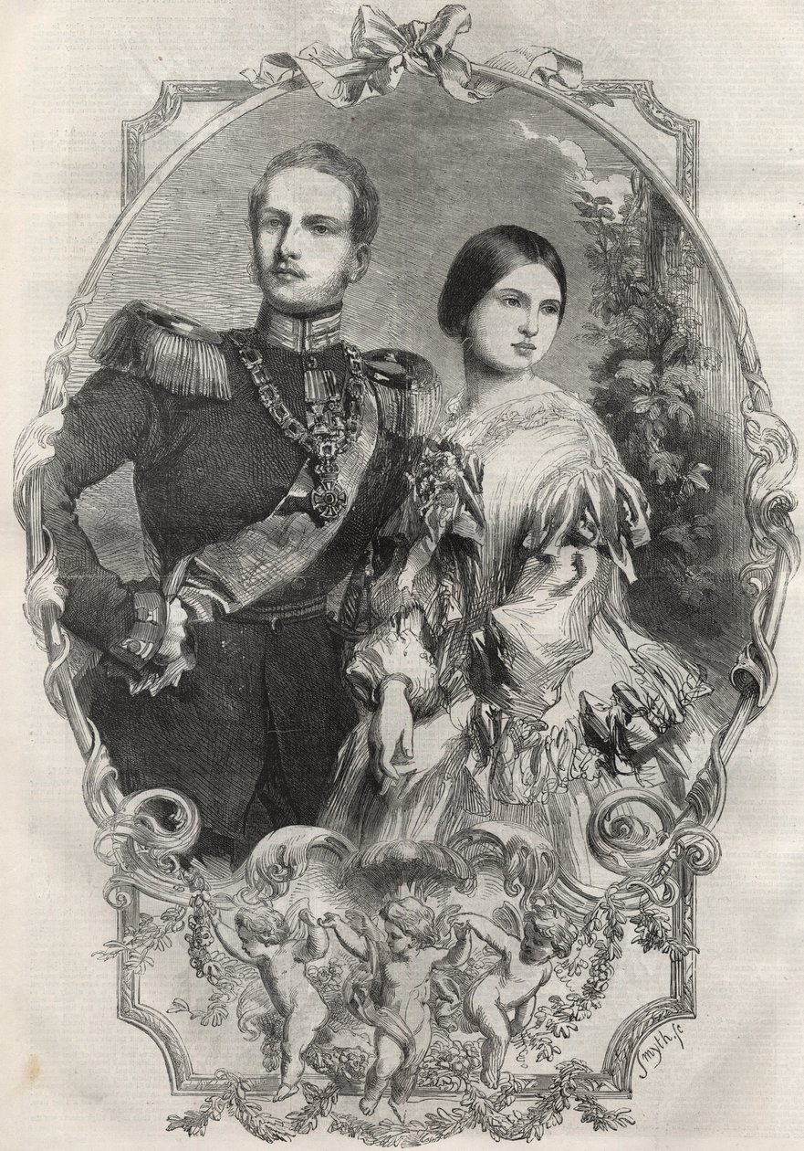 Ritratto delle loro altezze reali la principessa Vittoria (1840-1901) (regina Vittoria) e il principe ereditario Federico Guglielmo di Prussia (1831-1888). Incisione del 1858. da Unknown artist