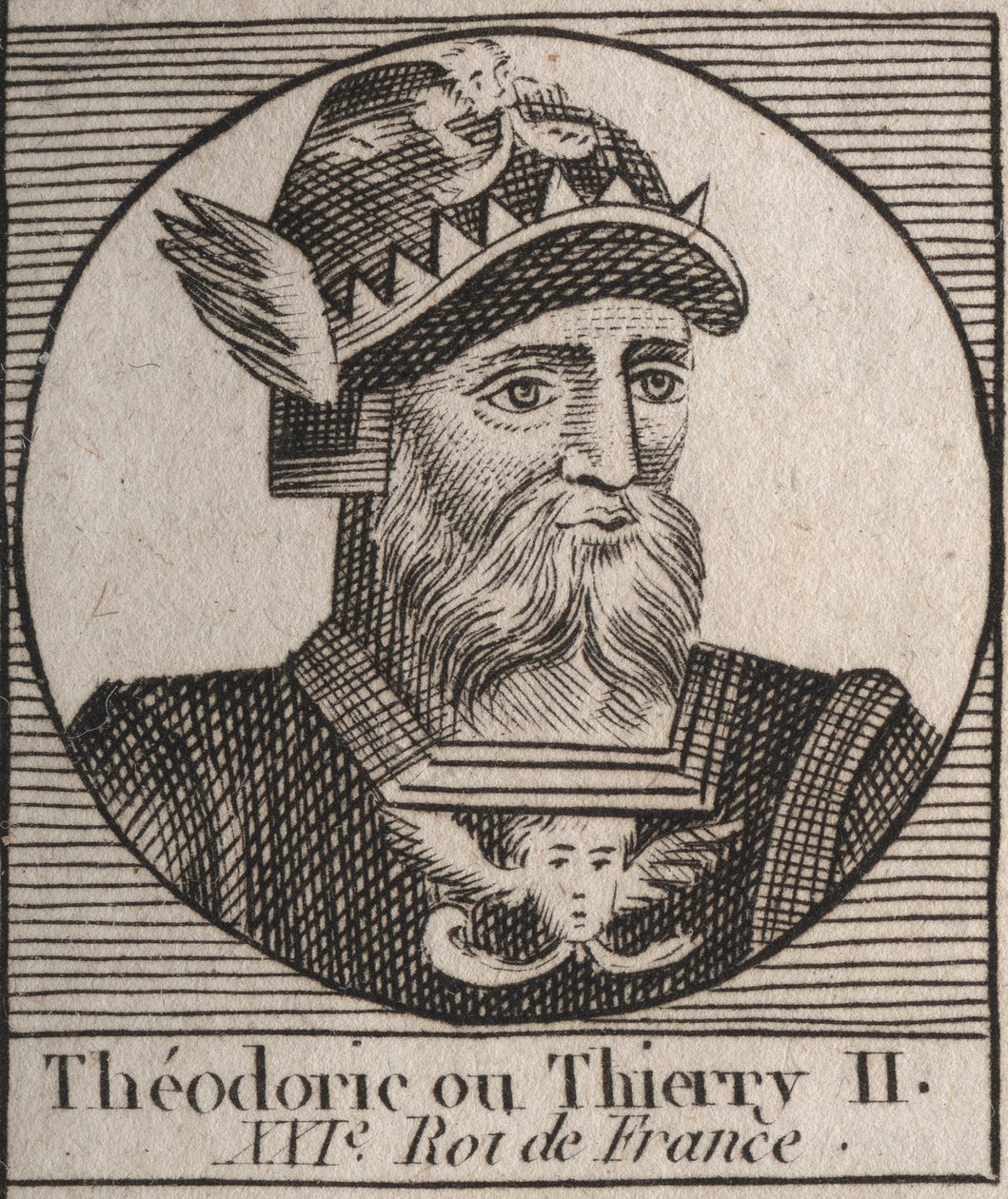 Ritratto di Teodorico II (587-613) Re dei Franchi di Austrasia e Borgogna dal 595 al 613 - Teodorico II re di Borgogna e Austrasia - incisione da "Istruzione sulla Storia di Francia" di Charles Constant Le Tellier 1821 da Unknown artist