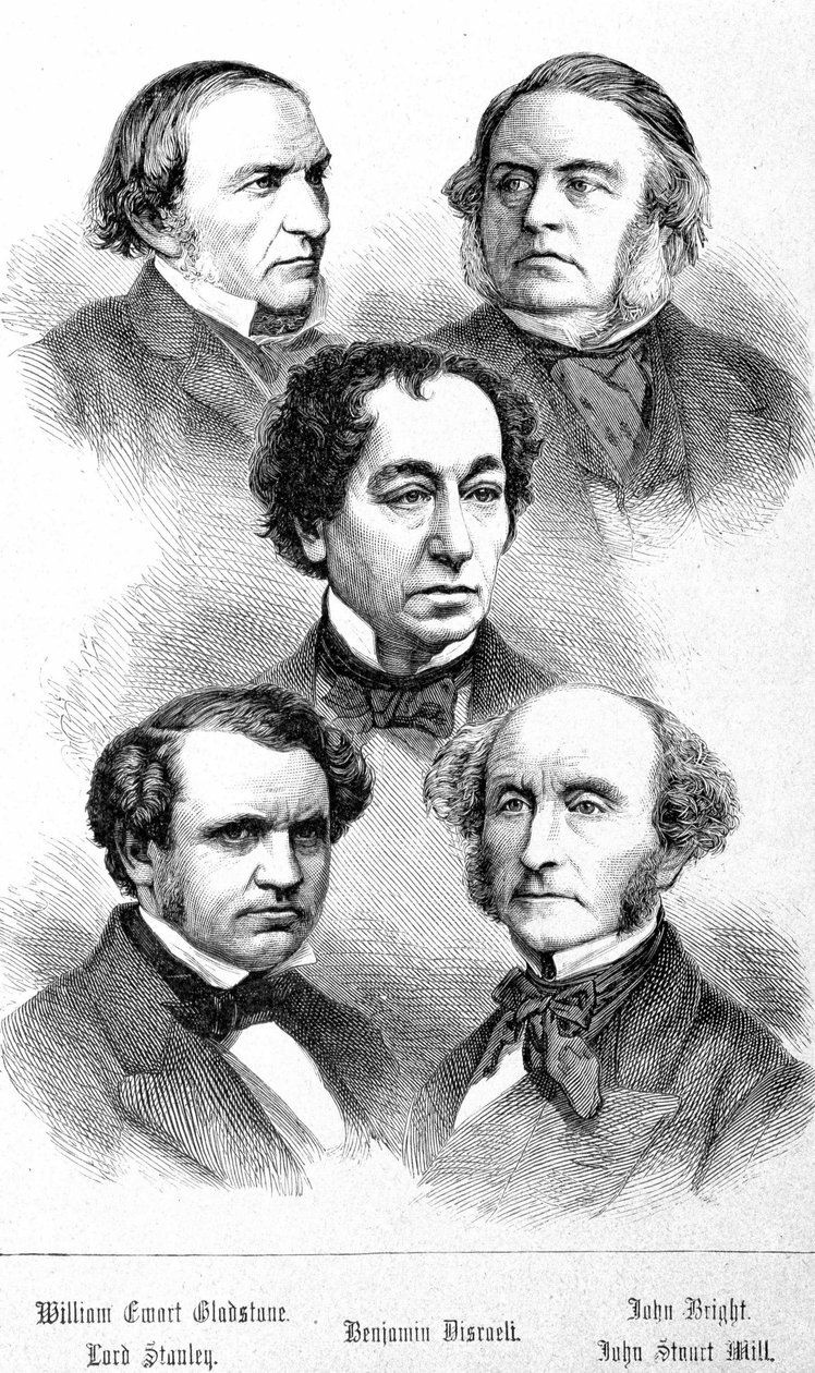 Ritratto di William Ewart Gladstone, John Bright, Lord Stanley, John Stuart Mill e Benjamin Disraeli - in "I Contemporanei", fine XIX secolo da Unknown artist