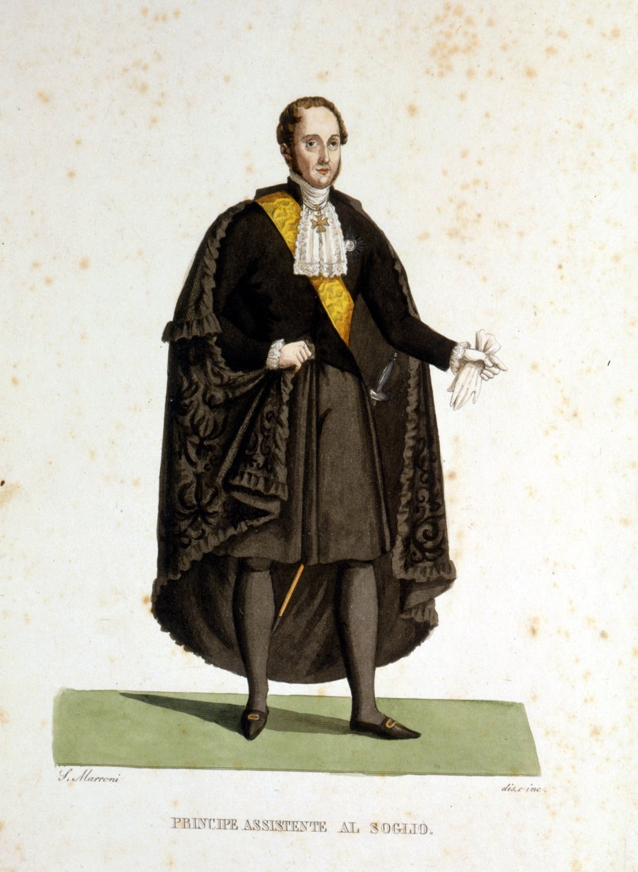Ritratto di un principe assistente della Santa Sede che ha servito durante cerimonie e visite. Incisione del XIX secolo. da Unknown artist