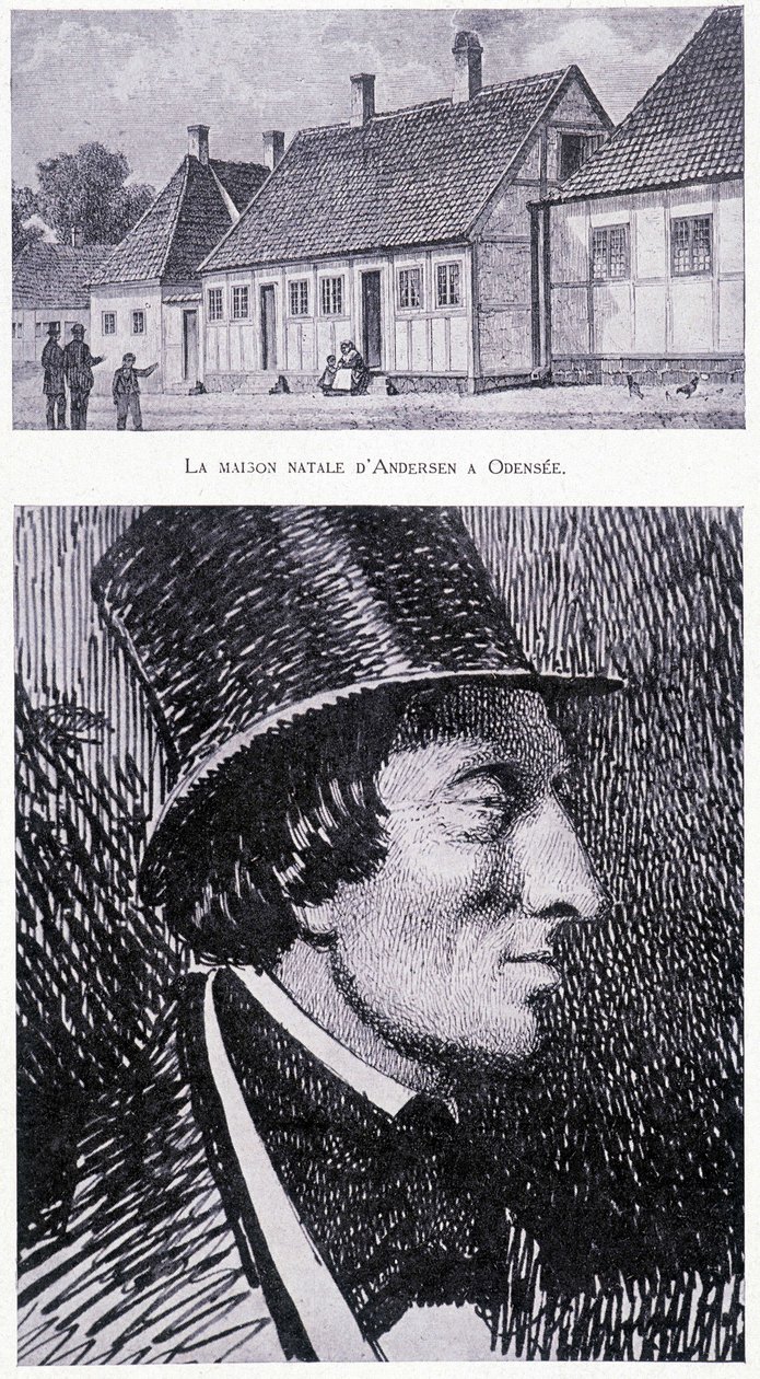 Ritratto dello scrittore danese Hans Andersen (1805 - 1875) e della sua casa a Odense, Danimarca, circa 1832 da Unknown artist