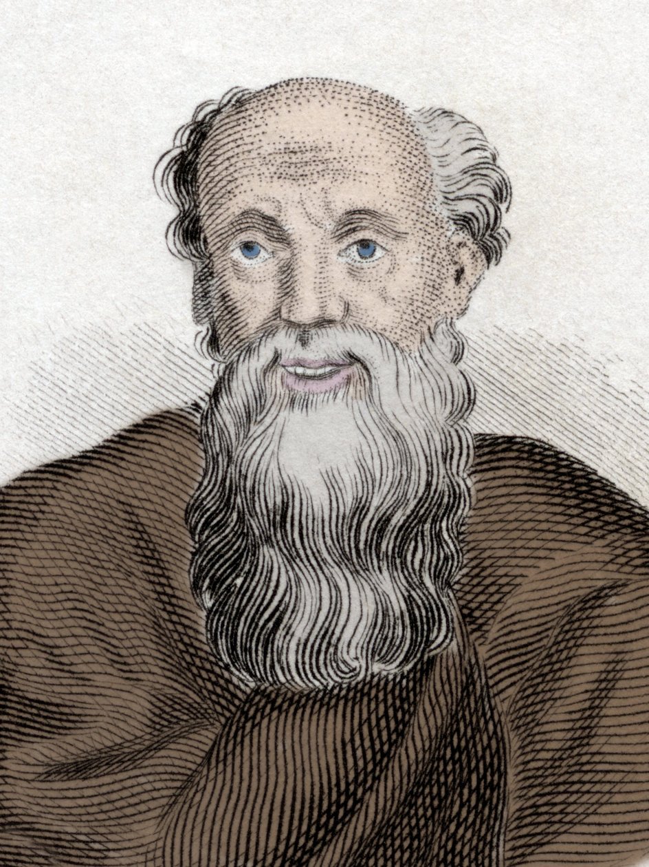 Ritratto del filosofo greco Democrito (460-370 a.C.), Democrito di Abdera. Incisione del XIX secolo da Unknown artist