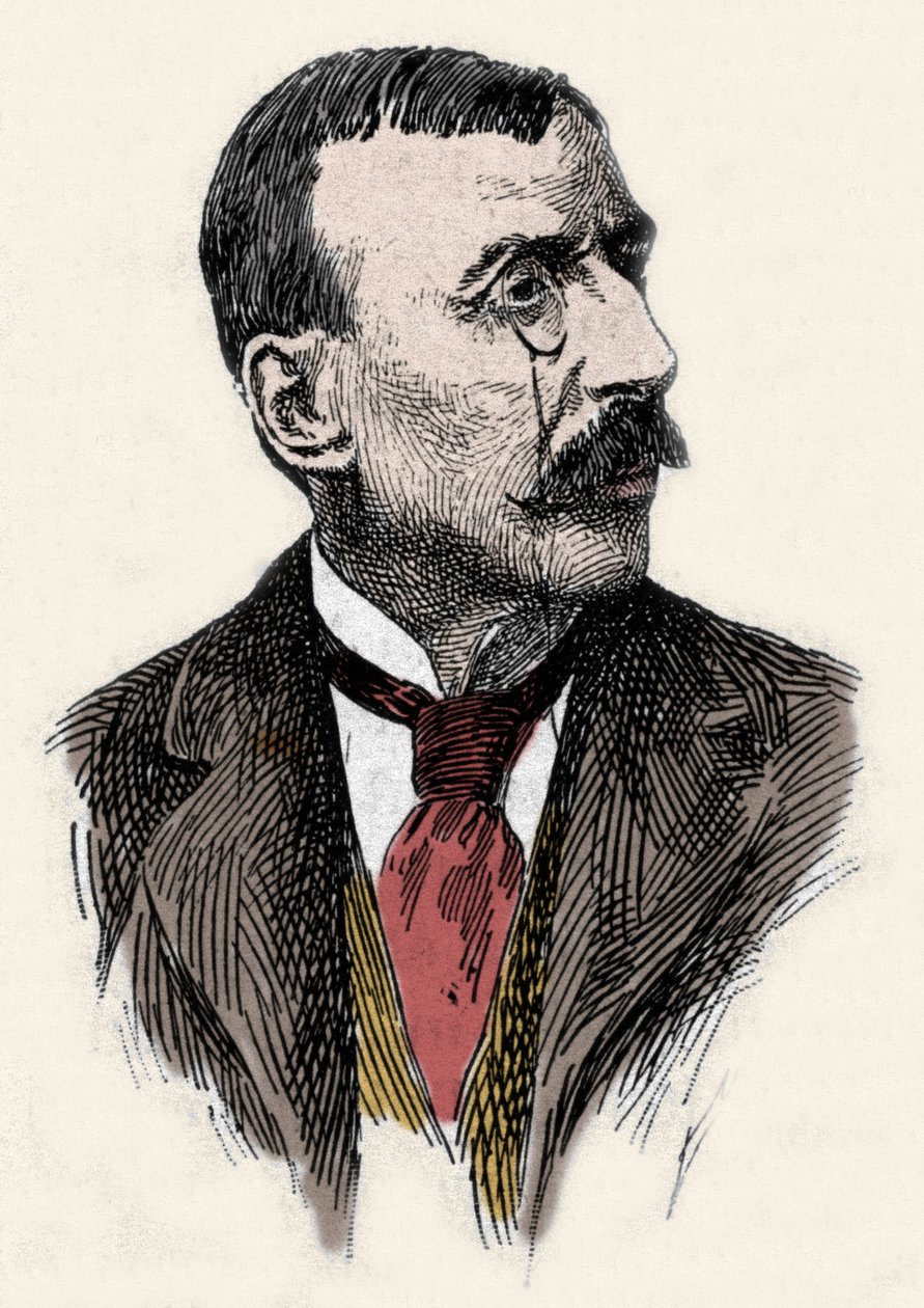 Ritratto dello scrittore e diplomatico portoghese Jose Maria de Eeca de Queiros o Queiroz (1845-1900). Incisione del XIX secolo da Unknown artist