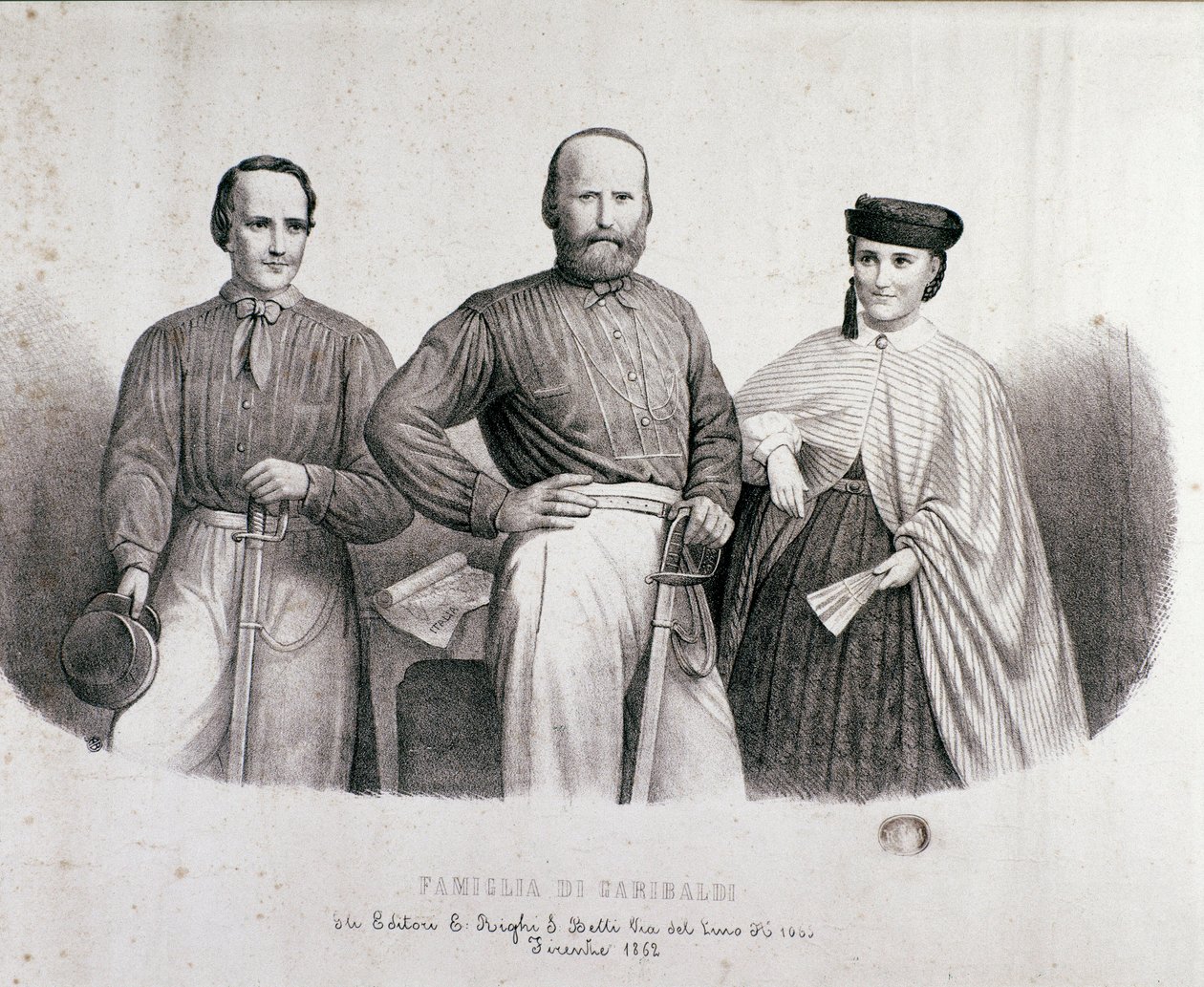 Ritratto del patriota e eroe del Risorgimento Giuseppe Garibaldi (1807-1882) tra Teresita, sua figlia e sua moglie Stefano Canzio. Litografia del 1862. Collezione privata da Unknown artist