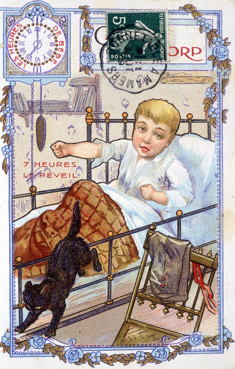 Cartolina che mostra il corso della giornata di un bambino. Alle 7, il bambino si sveglia da Unknown artist