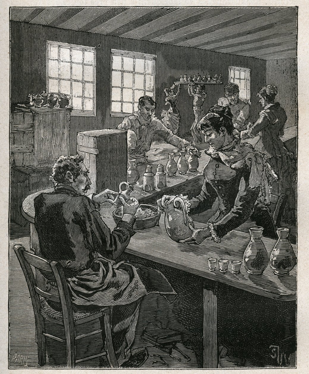 Ceramica: riempimento della ceramica. Incisione del 1885 in "Les arts et metiers illustres" di Adolphe Bitard da Unknown artist
