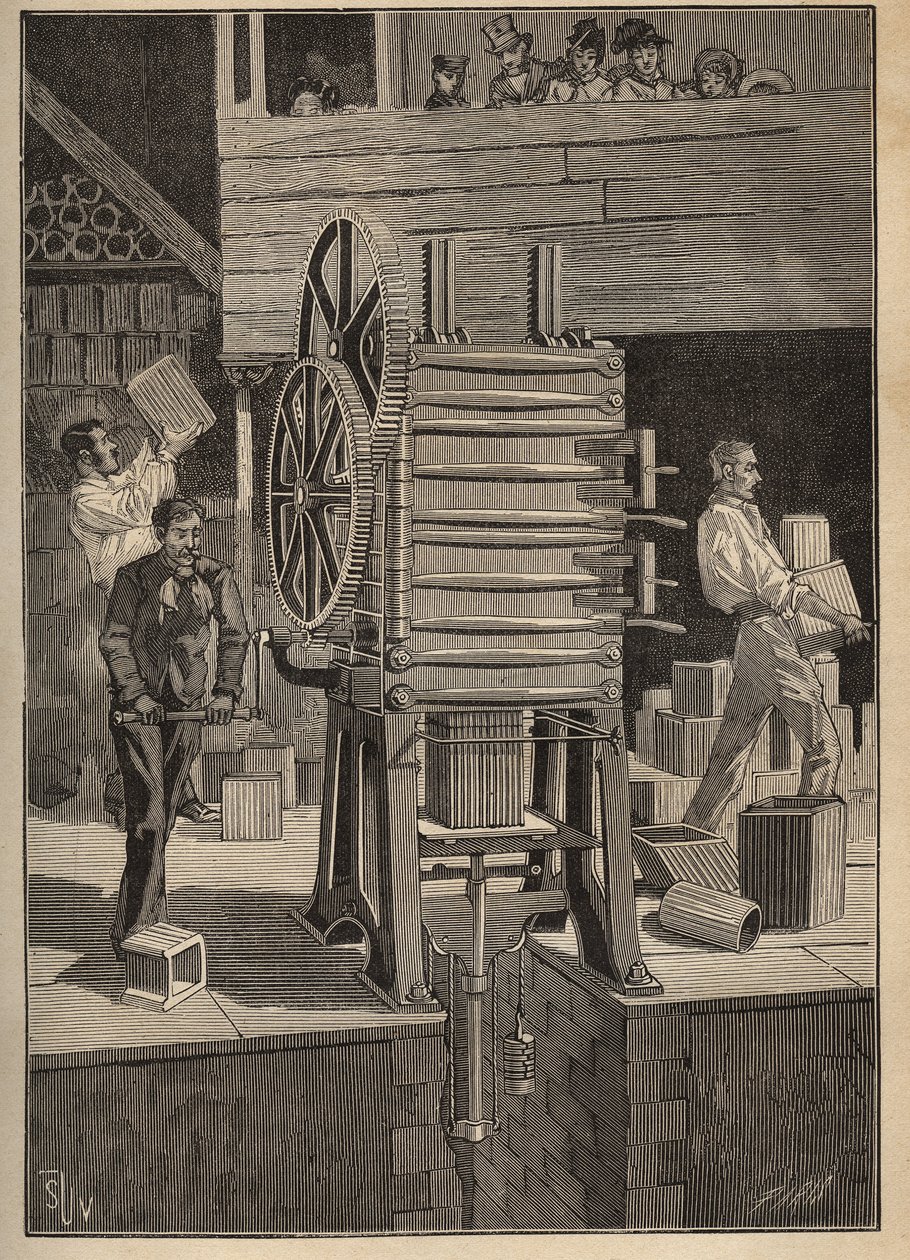 Ceramica: stampaggio meccanico di parti cave. Incisione del 1885 in "Les arts et metiers illustres" di Adolphe Bitard da Unknown artist