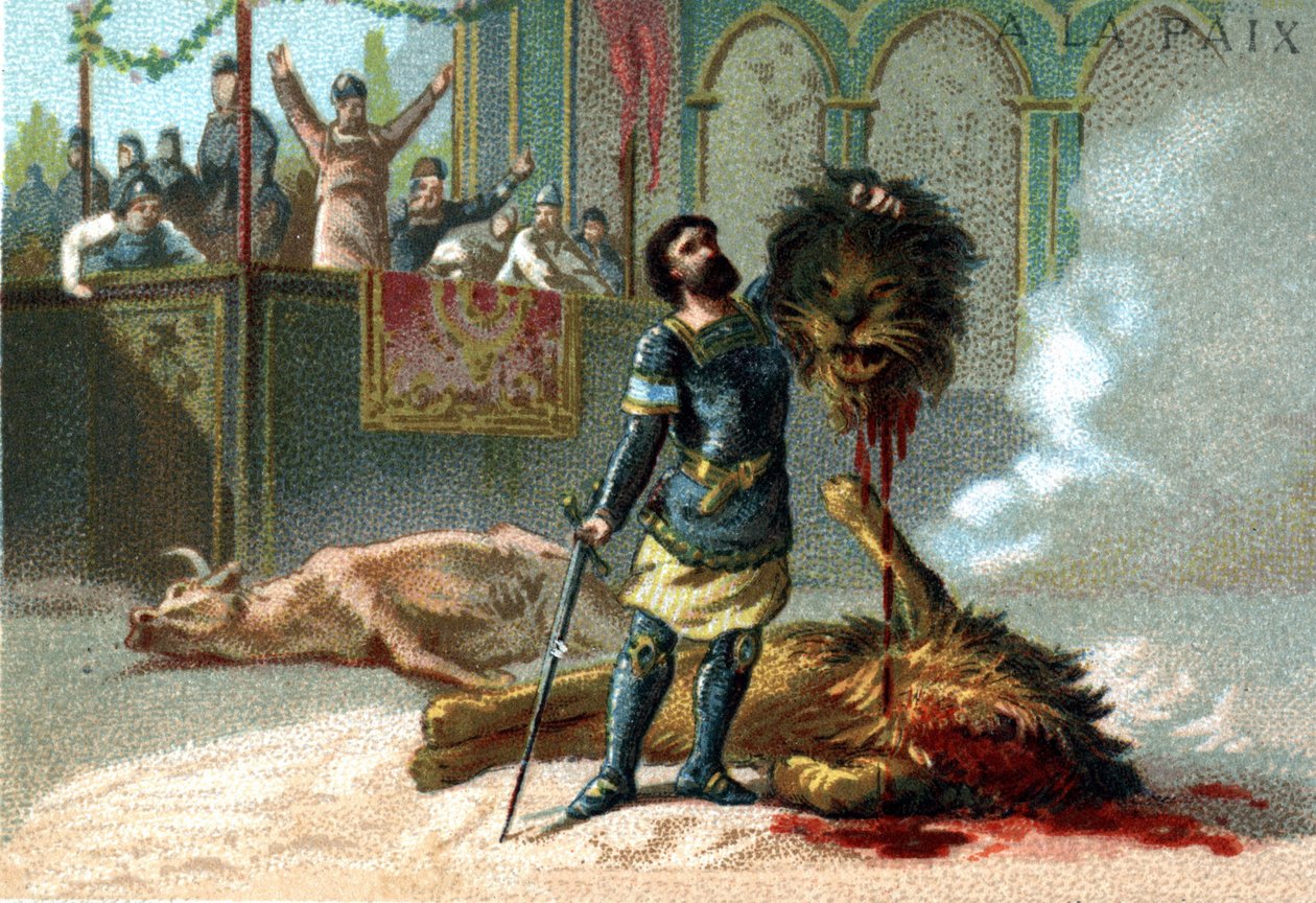 Pipino il Breve (715-768), Re dei Franchi, combatte un leone e un toro durante le feste per celebrare la sua incoronazione nel 751. da Unknown artist