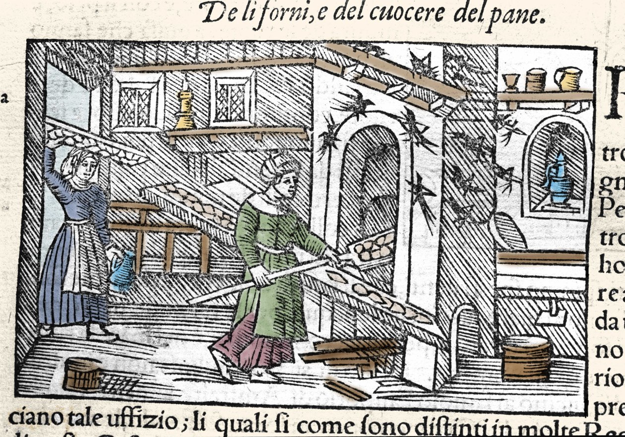 Preparazione e cottura del pane in un forno. Incisione di Olaus Magnus, religioso e geografo svedese, “Historia de Gentis Septentrionalibus”, Venezia da Unknown artist
