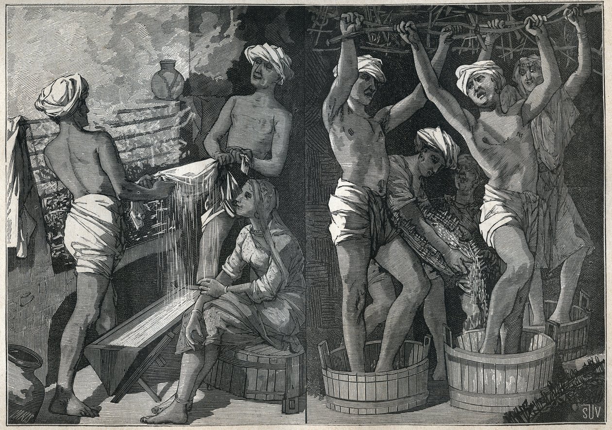 Preparazione della lacca in India. Incisione del 1885 in 