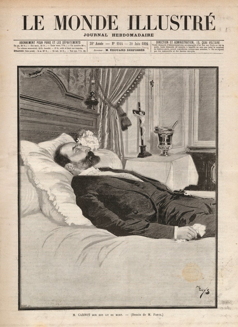 Presidente della repubblica Sadi Carnot (1837-1894) sul letto di morte, in un contesto di agitazione sindacale e anarchica, fu assassinato il 24 giugno all