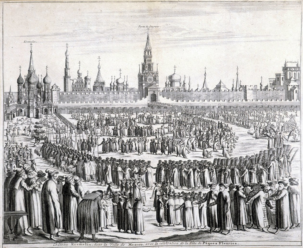 Processione dei Fiori di Pasqua davanti alla Porta del Santo Salvatore e al Cremlino a Mosca. Incisione del XIX secolo da Unknown artist