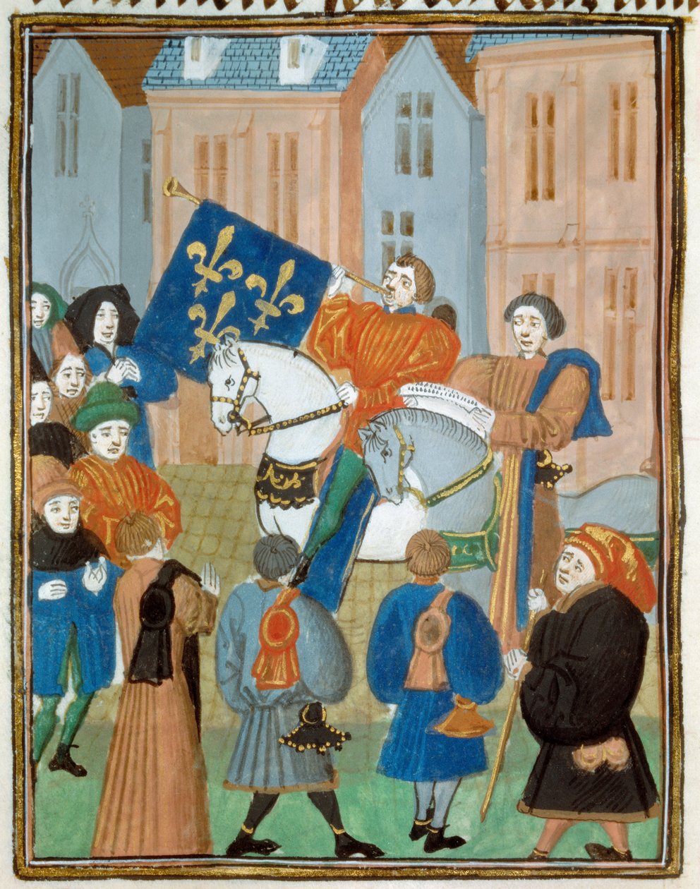 Proclamazione della pace a Reims il 2 ottobre 1435 dopo la firma del Trattato di Arras tra il re Carlo VII e il duca di Borgogna Filippo III il Buono che pose fine alla guerra civile tra gli Armagnacchi e i Borgognoni. Miniatura da 