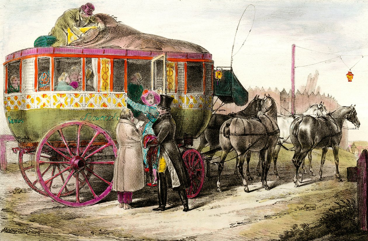 Trasporto pubblico: passeggeri che entrano nella Diligenza Parigina da Unknown artist