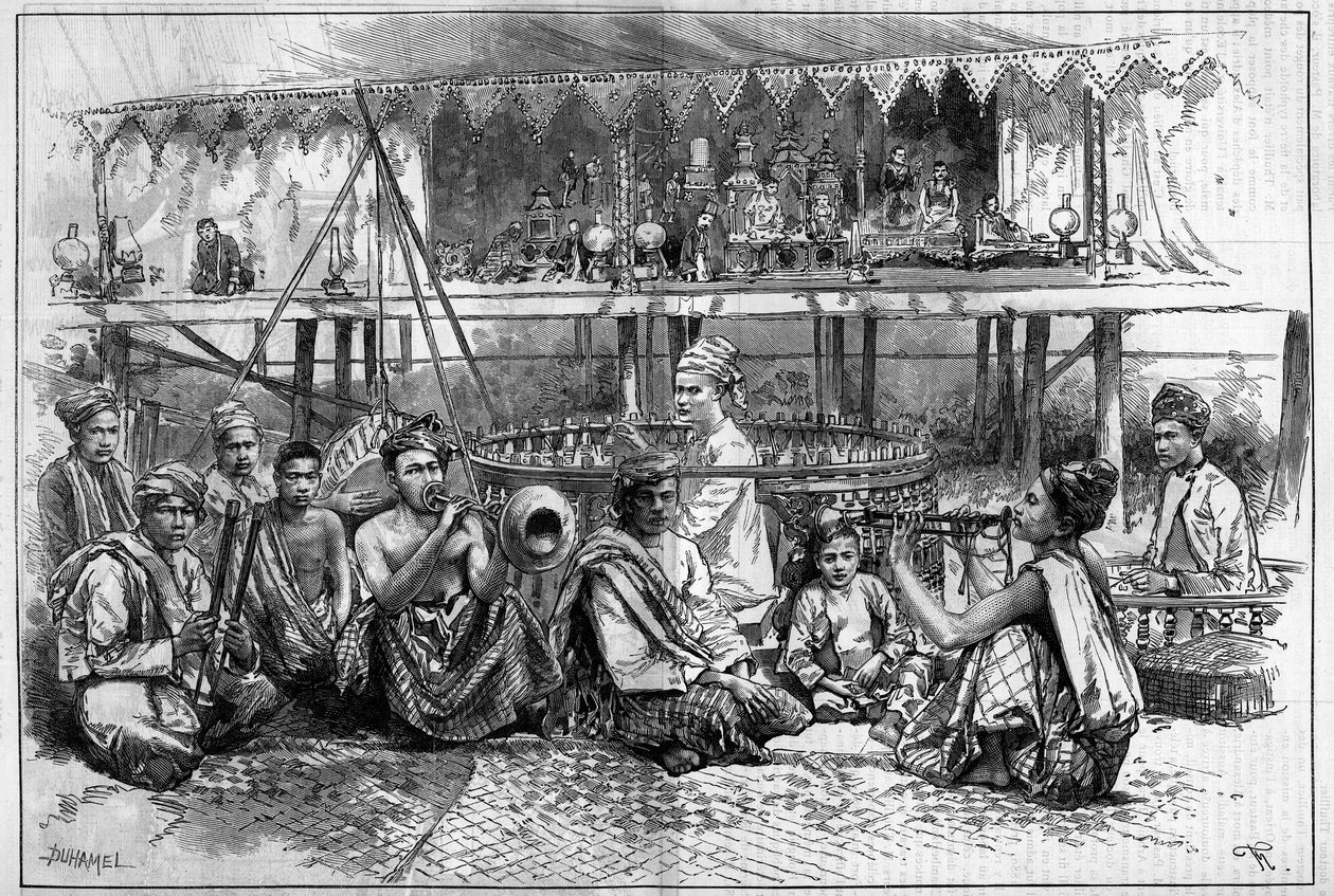 Teatro dei burattini con musicisti in Birmania. Incisione in "The Illustrous World" da Unknown artist