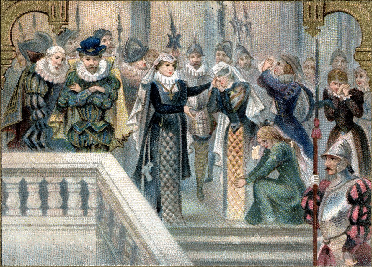 Regina di Scozia Maria Stuarda (1542-1587) disse il suo ultimo addio alle dame di corte. Cromolitografia tarda del XIX secolo da Unknown artist