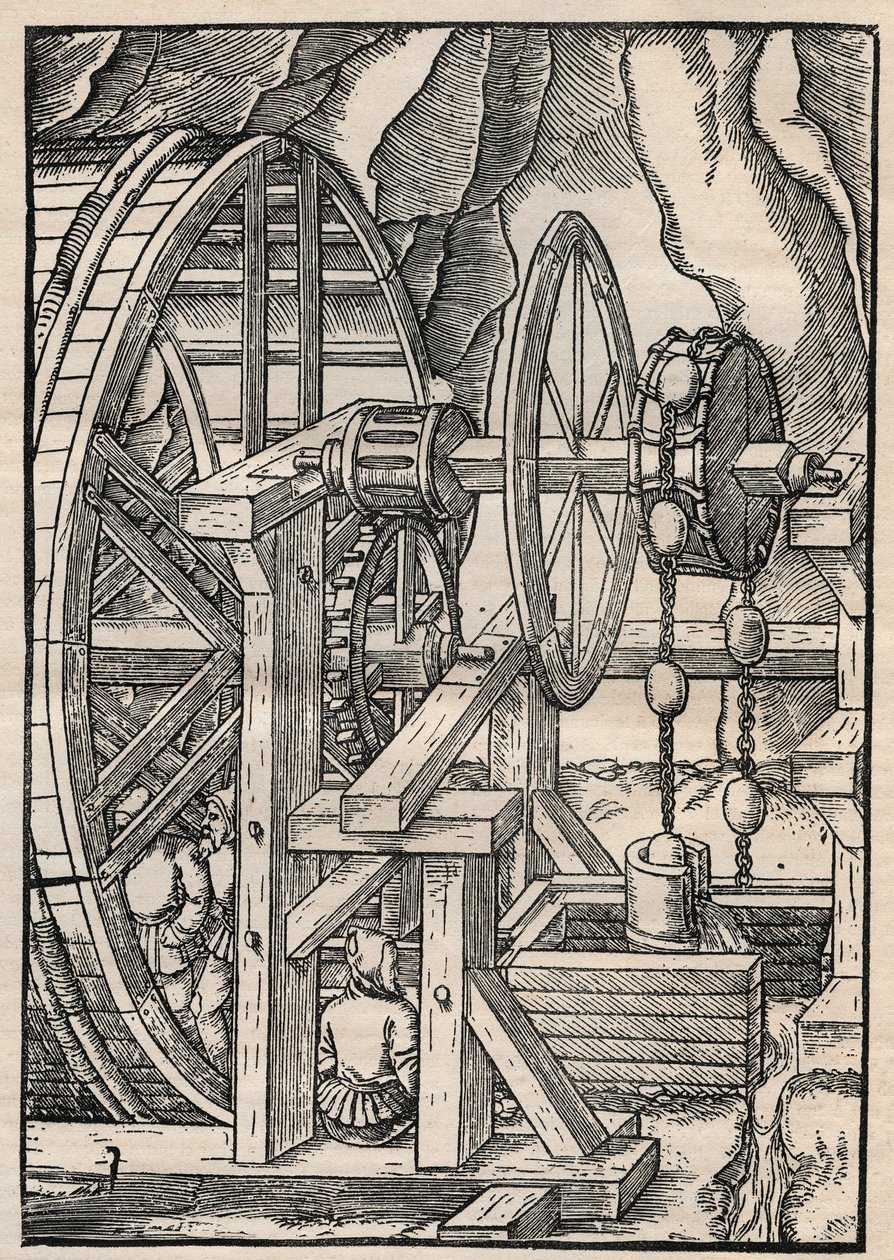 Pompa a catena e secchio per drenare una miniera azionata da uomini su una ruota. Da Agricola (George Bauer) De re metallica, Basilea da Unknown artist
