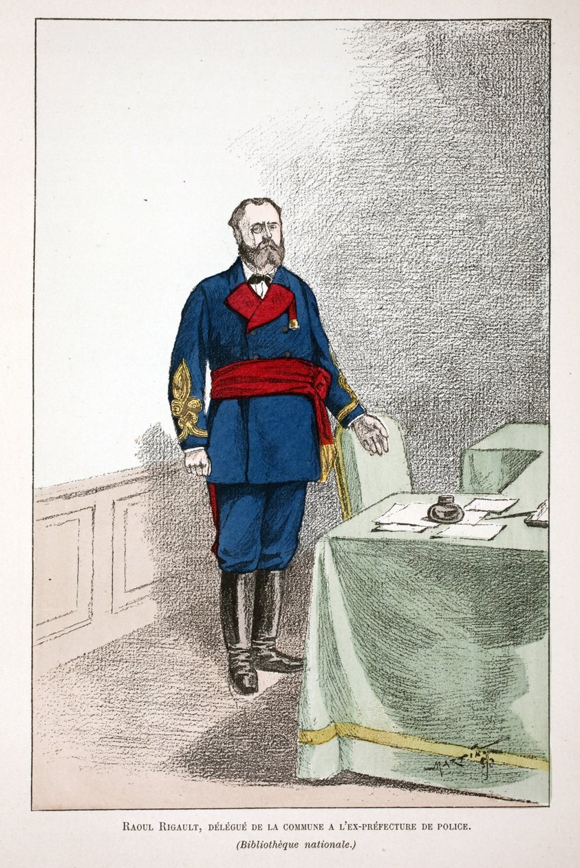 Raoul Rigault (1846-1871), delegato della Comune alla ex prefettura di polizia. Acquaforte a colori, per illustrazione 