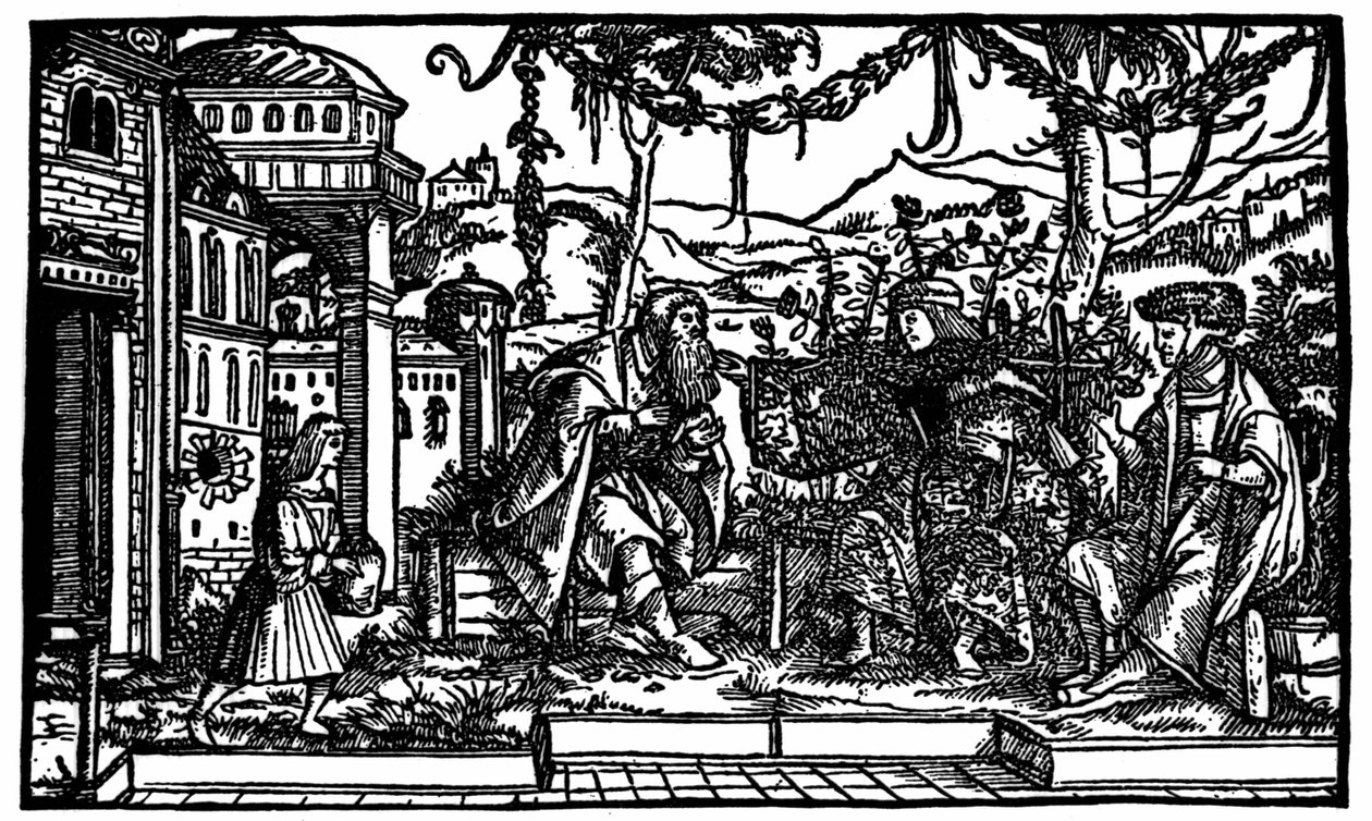 Raffaele Itlodeo, un viaggiatore che trascorse cinque anni in Utopia, racconta a Thomas More e Pierre Gilles del suo viaggio. Xilografia pubblicata nell