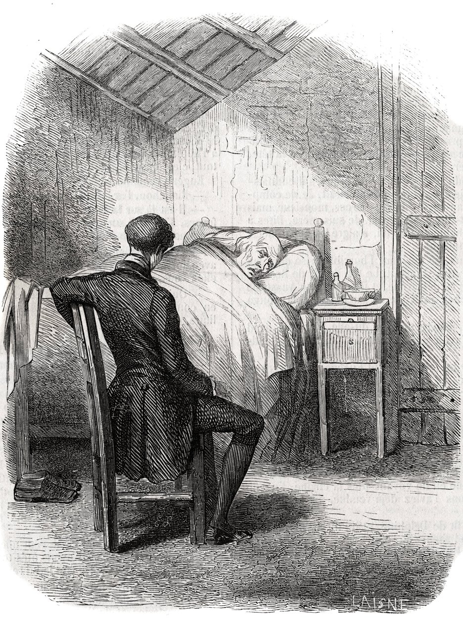 Rastignac rimase solo vicino al vecchio, seduto ai piedi del letto... Incisione della metà del XIX secolo. Illustrazione per "Il padre Goriot" di Honoré de Balzac (1799-1850). da Unknown artist