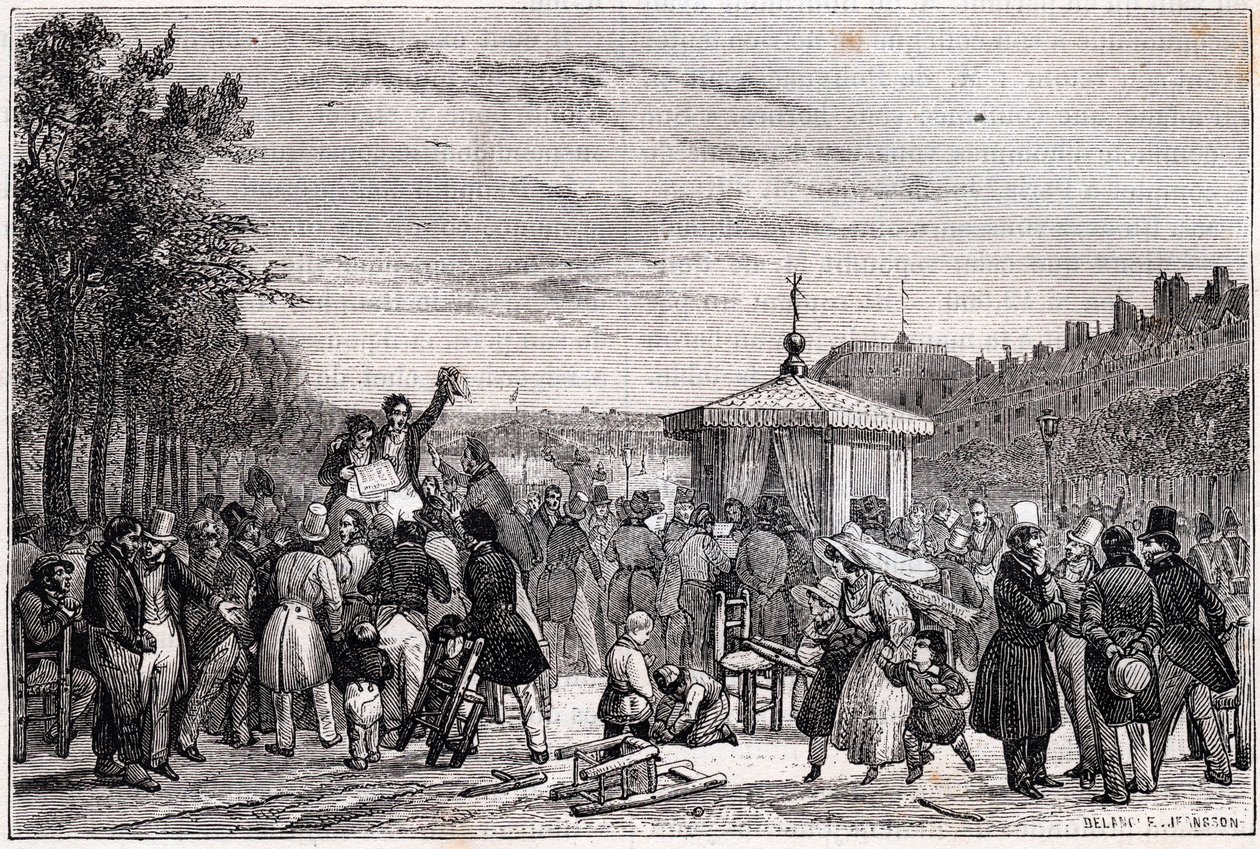 Lettura delle sentenze pubblicate sul giornale Moniteur nei giardini del Palazzo Reale a Parigi il 26 luglio 1830 durante la guerra civile - Rivoluzione del 1830 - Lettura delle prescrizioni nel Moniteur, al giardino del Palais-Royal, il 26 luglio 1830 all da Unknown
