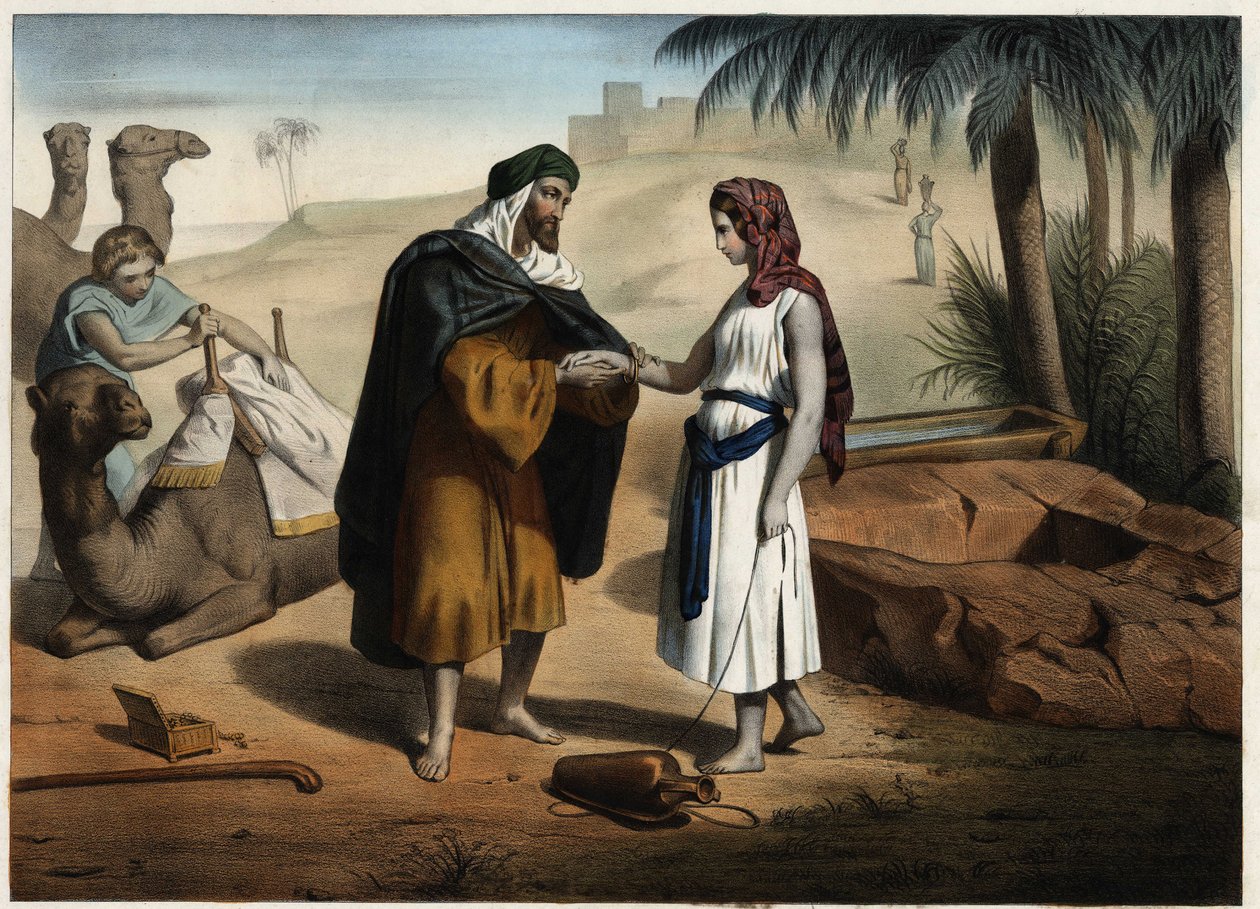 Rebecca ed Eliezer al pozzo: Eliezer di Damasco, incaricato di trovare una moglie per Isacco in Mesopotamia, porta Rebecca indietro. da Unknown artist