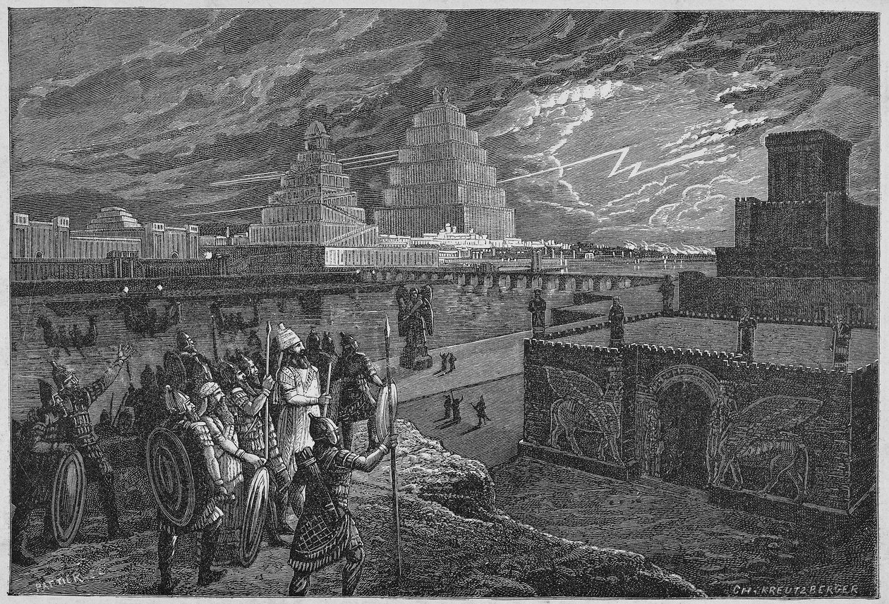 Ricostruzione dei templi e dei palazzi lungo il fiume di Babilonia - Mesopotamia: ricostruzione della città di Babilonia, costruita sotto il regno del re Nabucodonosor II da Unknown artist