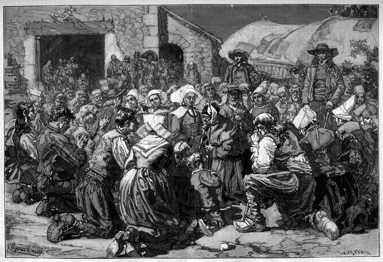 Costume regionale della Francia, matrimonio bretone: preghiere del mendicante per gli sposi. Incisione in 