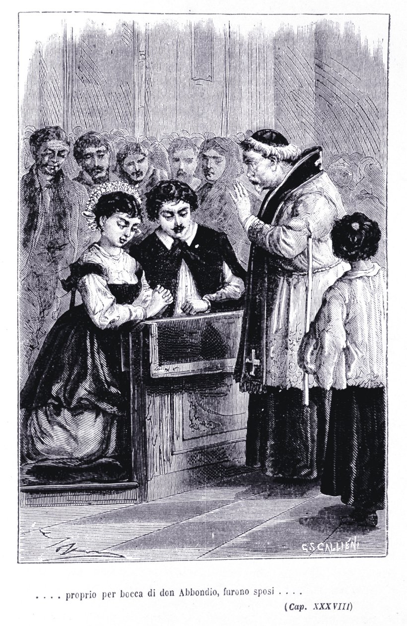 Matrimonio di Renzo e Lucia. Incisione in "I promessi sposi" di Alessandro Manzoni (1785-1873) da Unknown artist