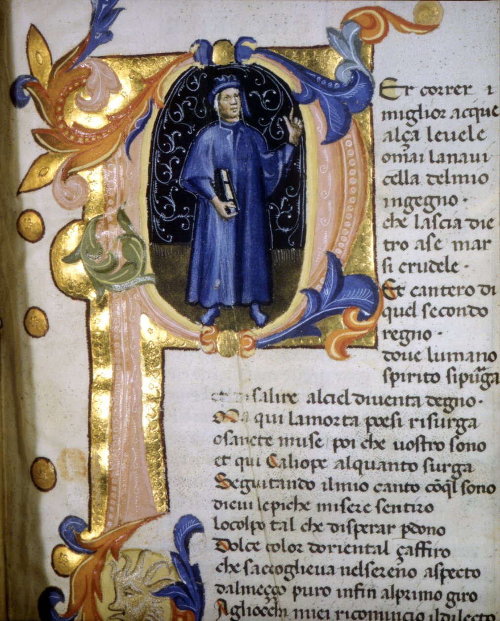 Rappresentazione in una lettrine del poeta Dante Alighieri (1265 - 1321), miniatura del XIV secolo da Unknown artist