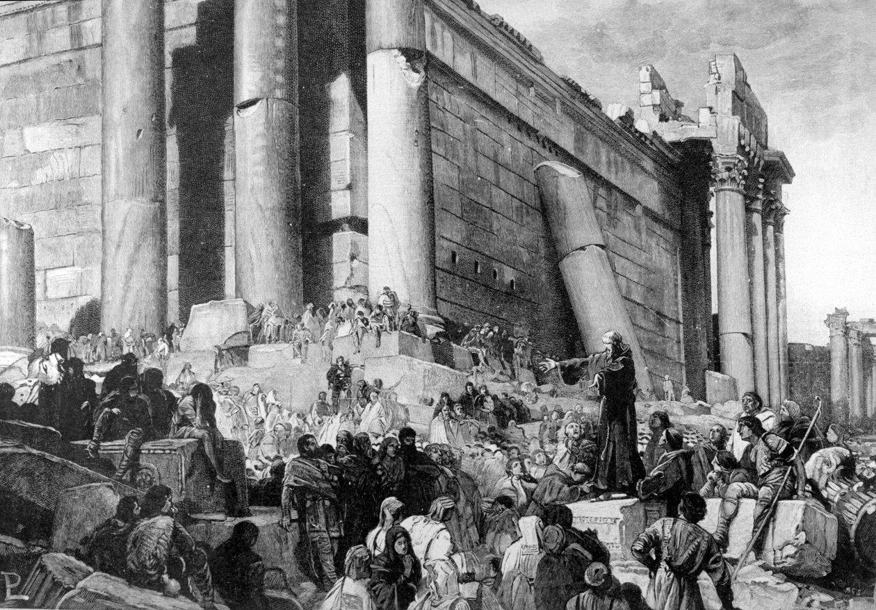 Rappresentazione di Arnaldo da Brescia (1090 - 1155), riformatore politico e religioso italiano, durante la predicazione. Nel 1145, predicò a Roma la rivolta contro Papa Eugenio III, che fu espulso e cercò di restaurare la Repubblica Romana. da Unknown artist