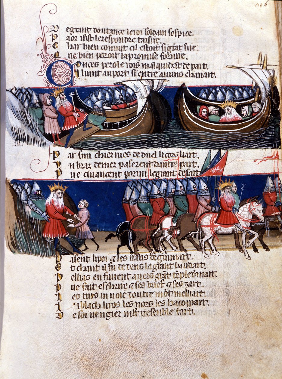 Rappresentazione di Carlo Magno durante le sue conquiste: sale su una nave e guida i suoi eserciti. Miniatura dal manoscritto franco-italiano “Entrée d