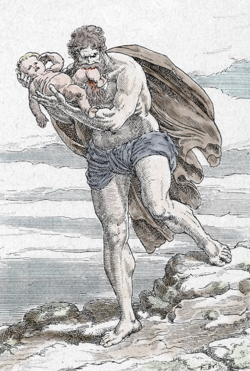 Rappresentazione di Cronos (Crono) che divora uno dei suoi figli (Crono che divora uno dei suoi figli) Incisione da "I miei bei racconti mitologici" di HS Bres, inizio XX secolo collezione privata da Unknown Artist