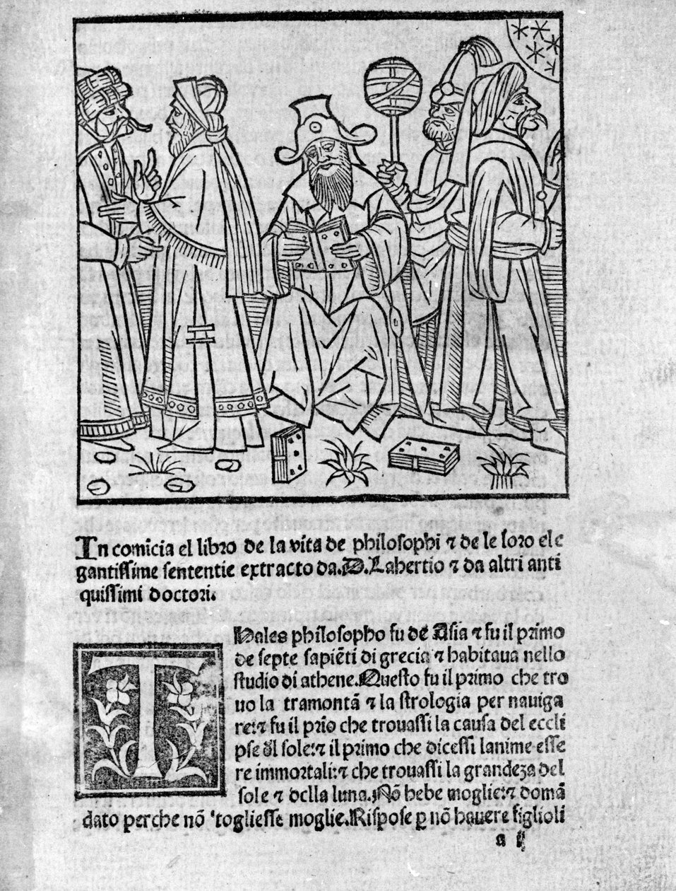 Rappresentazione di Diogene Laerzio (120-240) (centro) circondato da vari pensatori e filosofi. Pagina tratta da "Vite, dottrine e sentenze dei filosofi illustri" (Vitae Philosophorum) del poeta e storico Diogene Laerzio (120-240) 1495 da Unknown artist