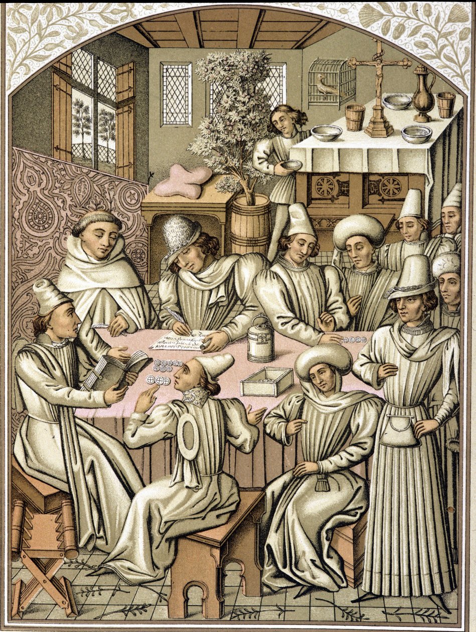 Rappresentazione di funzionari nel XIV secolo. Cromolitografia dal libro dei conti della confraternita 