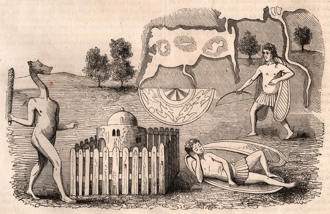 Rappresentazione di tribù medievali e specie animali: uomini con orecchie lunghe, uno addormentato, e una chimera con una mazza da Unknown