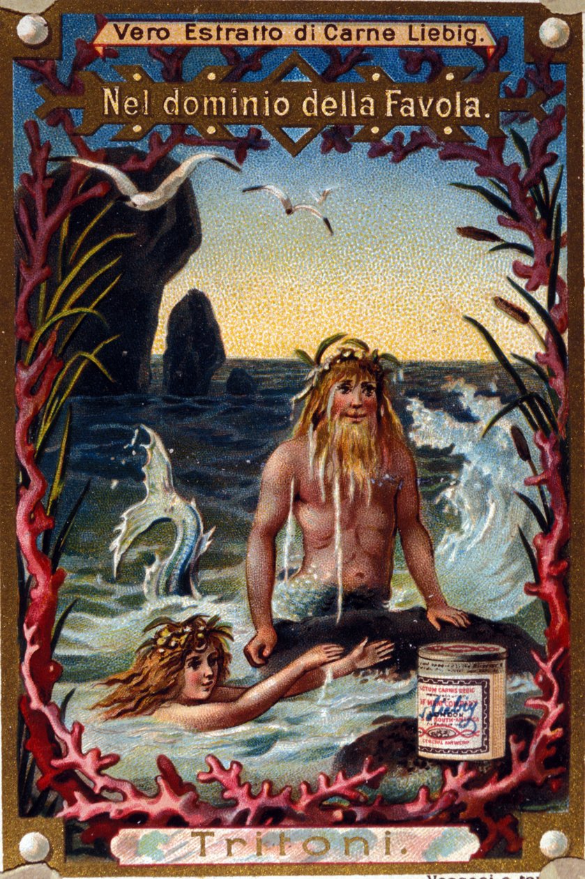 Rappresentazione di tritoni, creature leggendarie metà uomo metà pesce. Cromolitografia del XIX secolo da Unknown artist