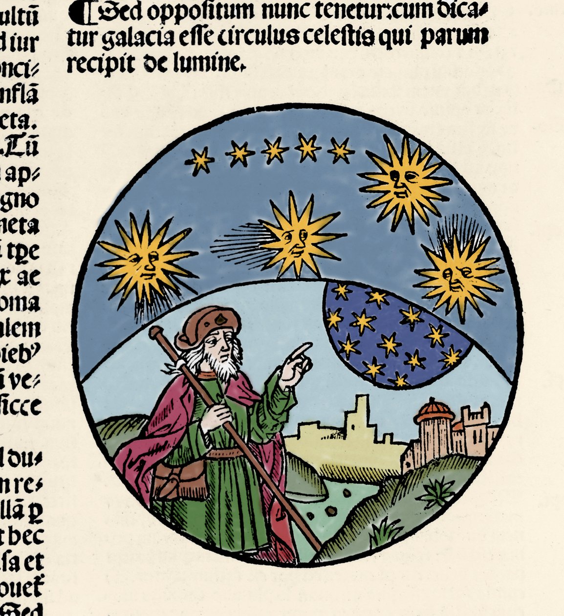 Rappresentazione del filosofo greco Aristotele (384-322 a.C.) che indica le stelle. Incisione dal trattato di fisica "Textus abbreviatus Aristotelis super octo liris Phisicorum & tota naturalis philosophia" di Thomas Bricot (m. 1516). 1496 da Unknown artist