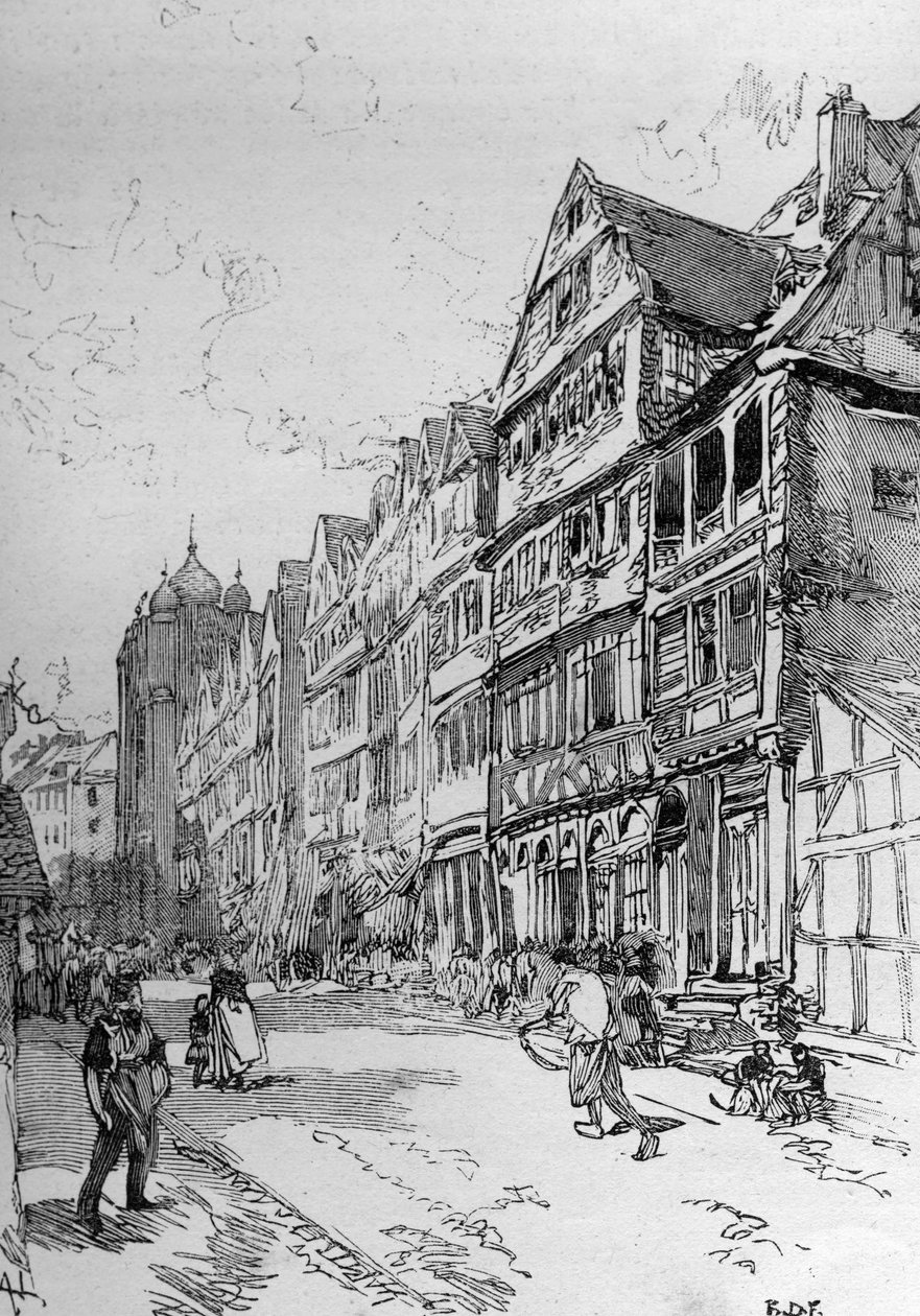 Rappresentazione della Strada Ebraica a Francoforte, luogo di nascita della famiglia Rothschild. Incisione in “The Illustrous World” da Unknown artist