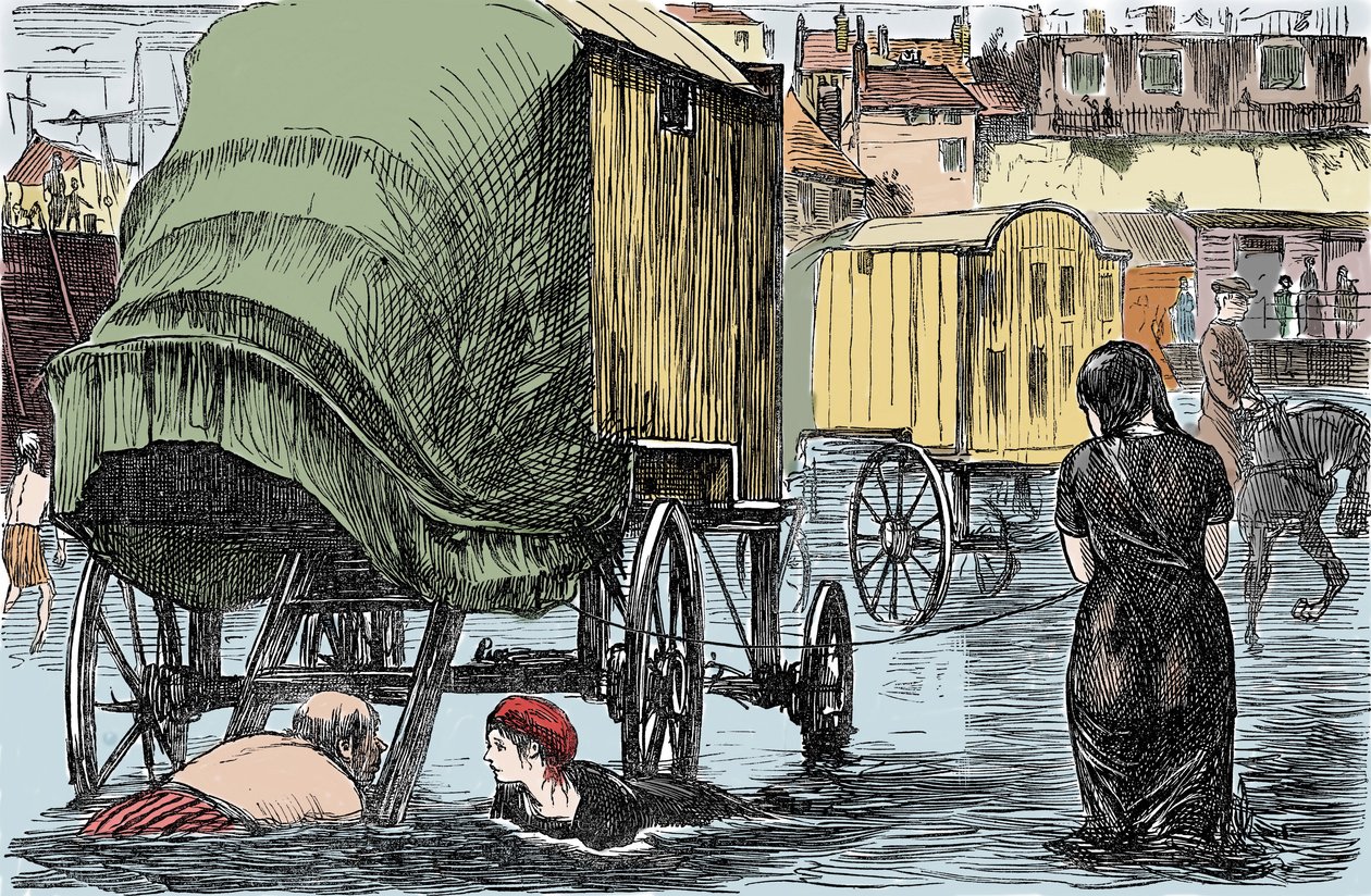 Rappresentazione della cabina da bagno inventata nel 1750 da Benjamine Beale: le donne all