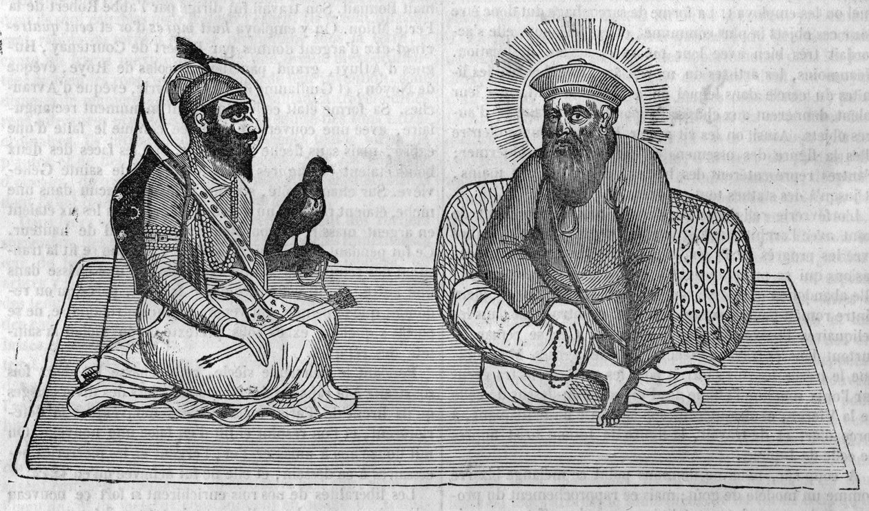 Rappresentazione dei fondatori del Sikhismo (o religione Sikh): Guru Nanak (1469-1539) e Guru Gobind Singh (1666-1708). In "Le magazin picturesque" 1836 da Unknown artist