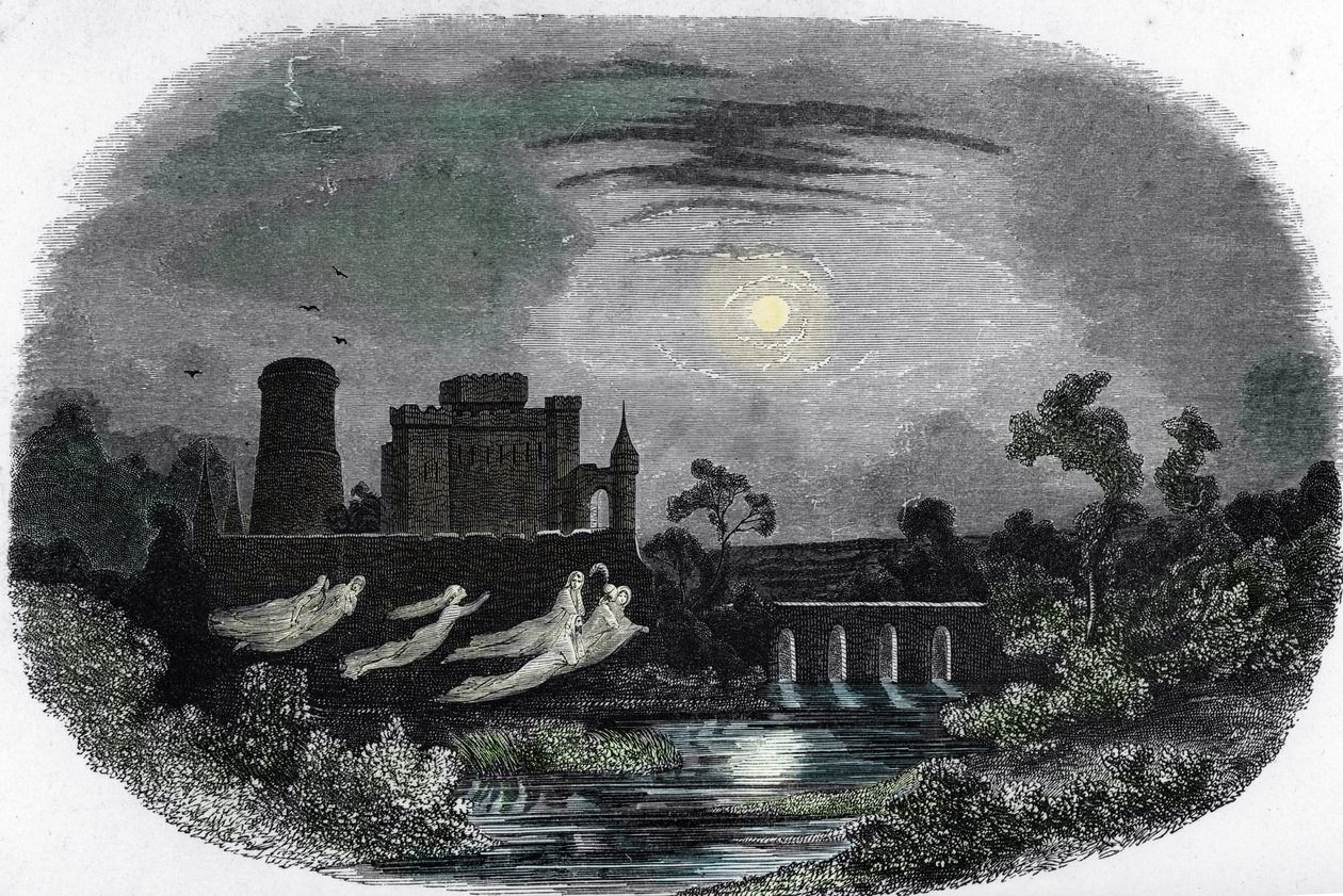 Rappresentazione dei fantasmi degli antichi signori di Blandy che volano intorno alle mura del castello, Blandy-les-Tours, Seine e Marne da Unknown artist