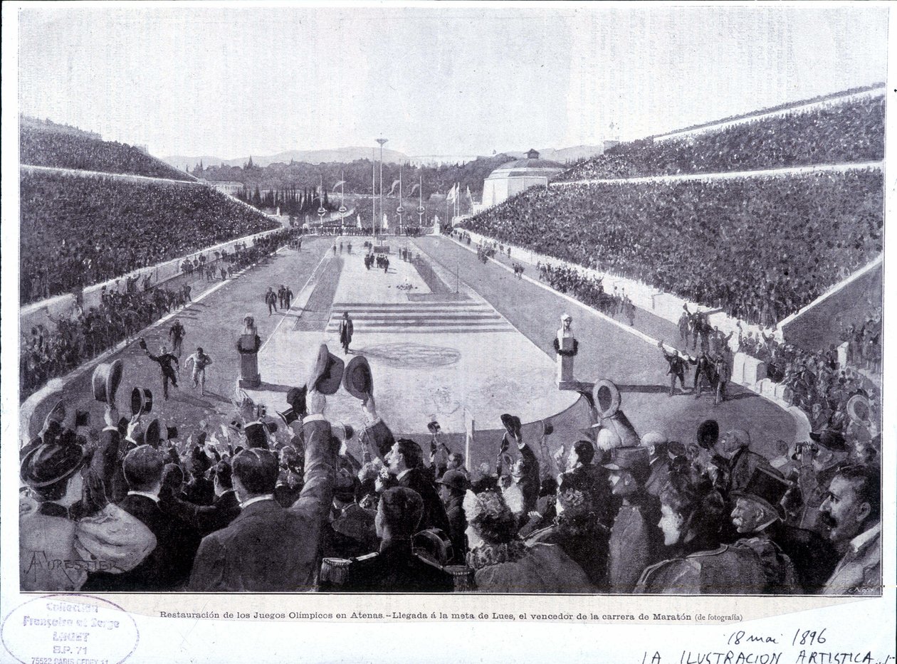 Restaurazione dei Giochi Olimpici ad Atene: arrivo di Lues, vincitore della maratona da Unknown artist