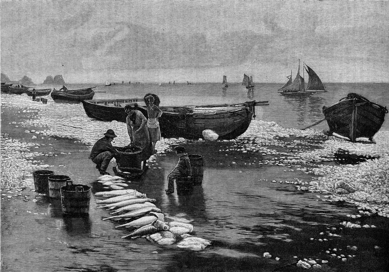 Ritorno dei pescatori sulla spiaggia a Belle Isle (Belle-Isle) in Bretagna. Incisione in 