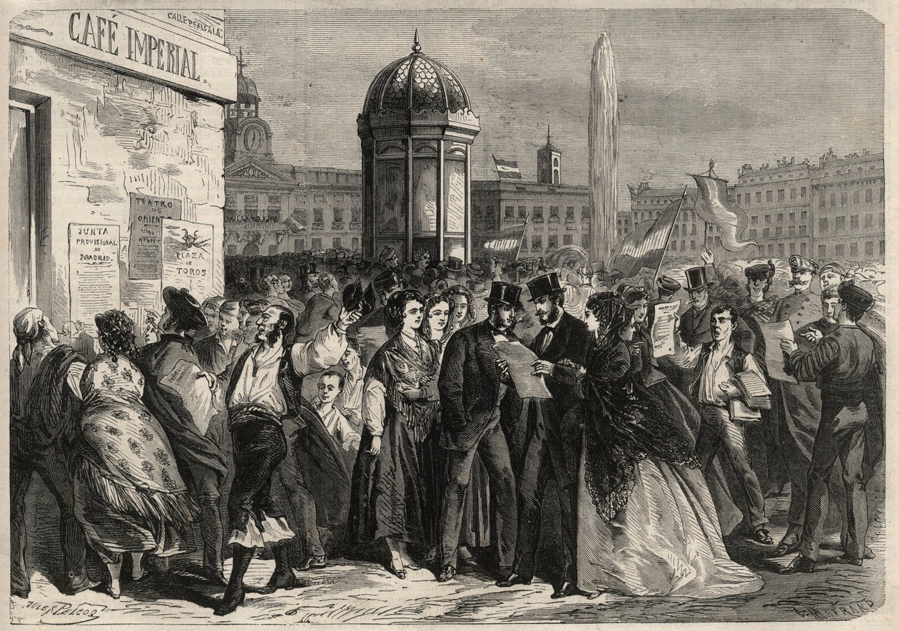 Rivoluzione di settembre 1868 in Spagna (Gloriosa): lettura del manifesto della giunta, nella via di Alcalá a Madrid. Incisione in "L