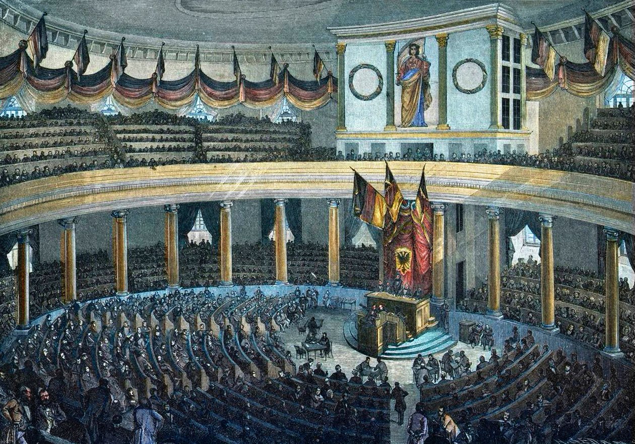 Rivoluzioni 1848 - 1849: Assemblea Nazionale Tedesca alla Chiesa di San Paolo a Francoforte sul Meno - incisione colorata su legno da Unknown artist