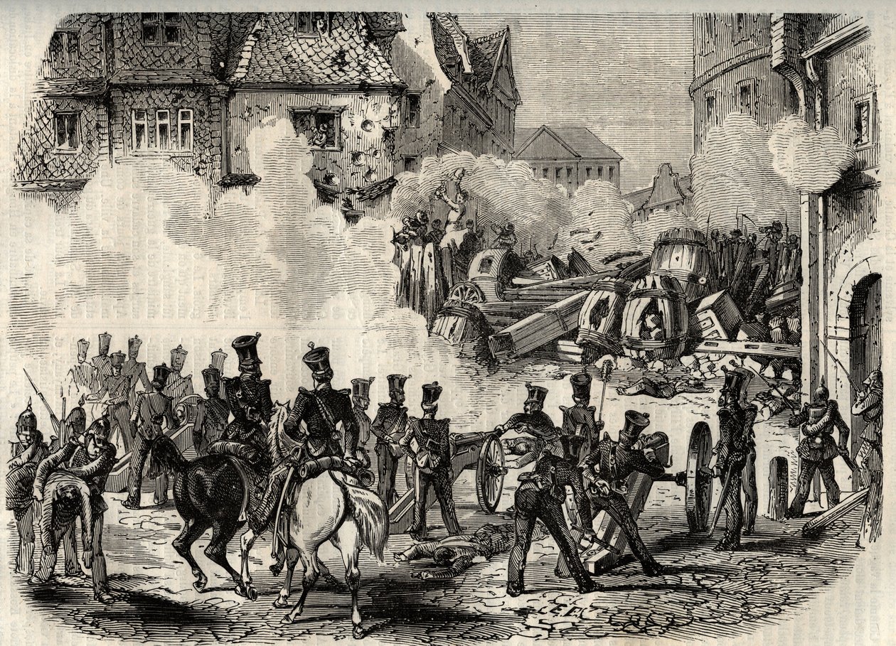 Rivoluzioni 1848-1849, Germania, Francoforte - Truppe che assaltano una barricata a Francoforte, Germania, il 18 settembre da Unknown artist