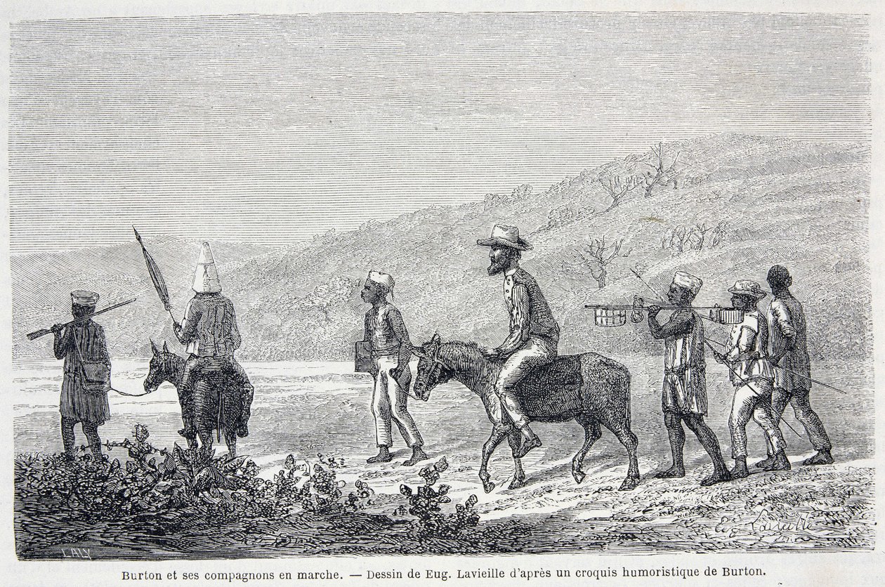 Richard Francis Burton, esploratore britannico (1821-1890), e i suoi compagni in Africa. Disegno che illustra l