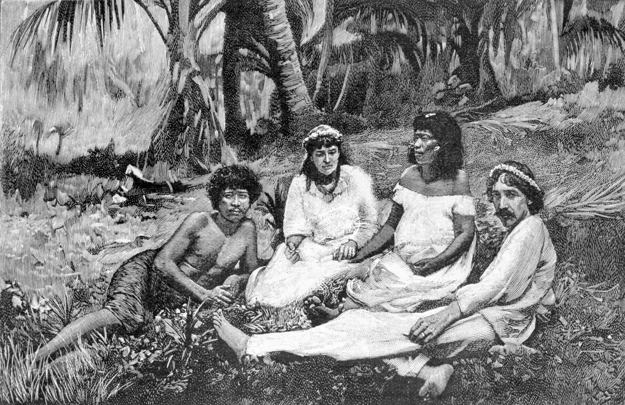 Robert Louis Stevenson (1850 - 1894) con sua moglie a Samoa dove aveva la sua residenza pubblicata a Vailima. Incisione intorno al 1890-1895. da Unknown artist